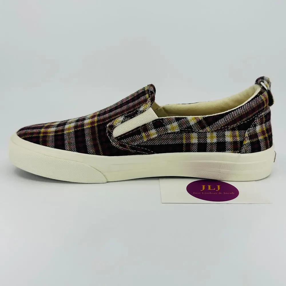 Taos Women's Rubber Soul Burgundy Plaid Canvas Slip On Comfort Sneakers Size 7.5